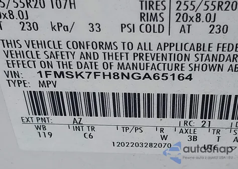 2022 Ford Explorer Limited из США, поврежденный, VIN 1FMSK7FH8NGA65164